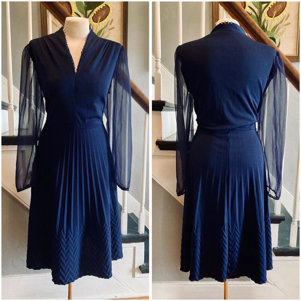 1970s Navy A-line Midi Dress Chevron Pleats Sheer Sleeves Disco Wear To Work